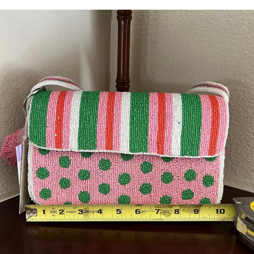 NWT Handcrafted India Beaded Purse Pink Green Striped Artsy Charm Shoulder Bag